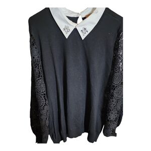 Belldini Rhinestone Collar Lace Sleeve Black Sweater Size 3x